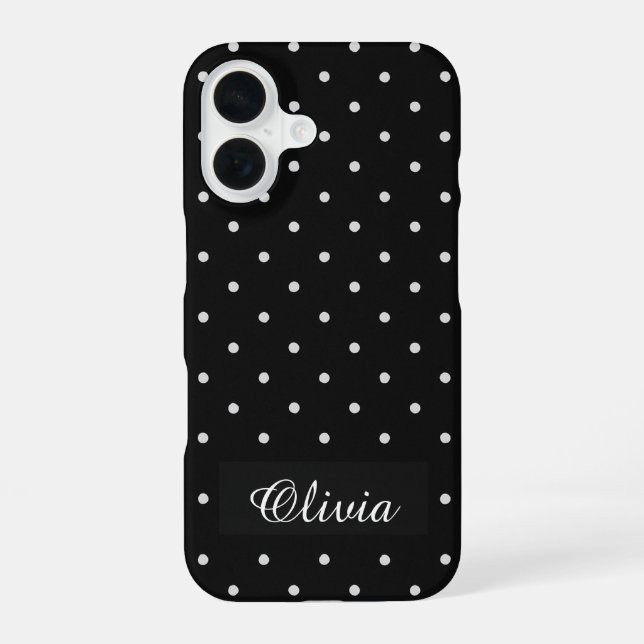 Black & White Polka Dot Custom Name iPhone 16 Hülle (Rückseite)