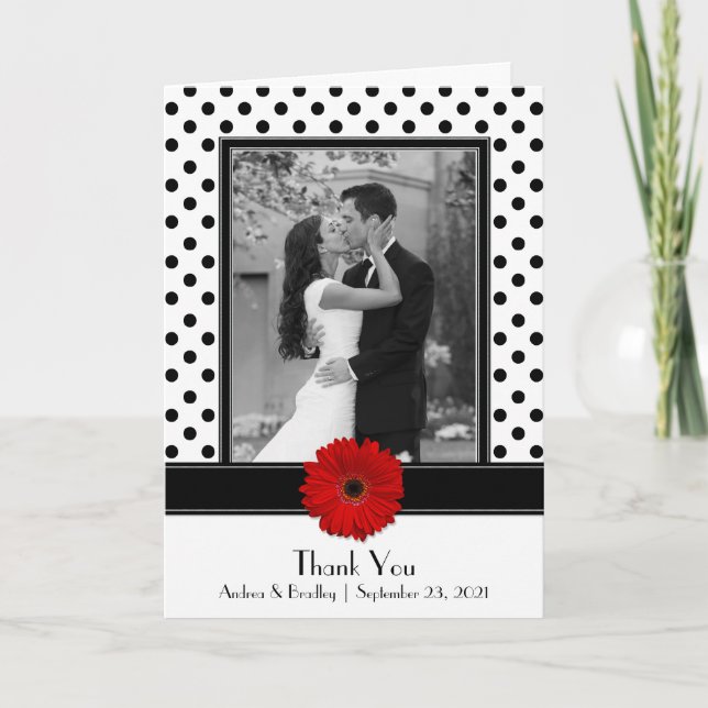 Black White Polka Dot Red Daisy Wedding Thank You Dankeskarte (Vorderseite)
