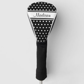 Black White Polka Dot Stripe Script Name Golf Headcover
