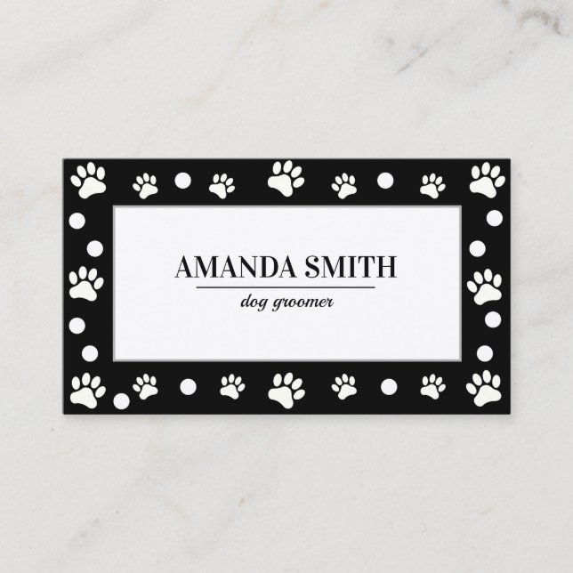 Black & White Polka Dots Paw Prints Business Card Visitenkarte (Vorderseite)