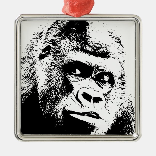 Black White Pop Art Gorilla Silbernes Ornament (Vorne)
