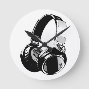 Black & White Pop Art Headphone Runde Wanduhr