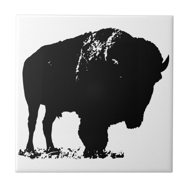Black & White Pop Bison Buffalo Fliese (Vorderseite)