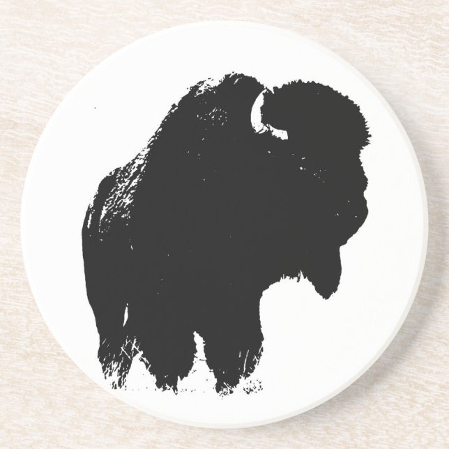 Black & White Pop Bison Buffalo Sandstein Untersetzer (Vorne)