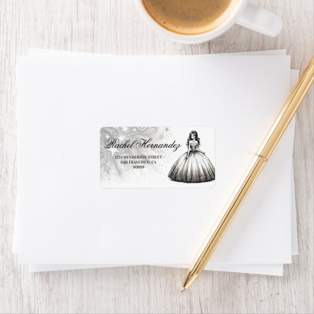 Black & White Quinceañera Girl Adressaufkleber (Insitu)