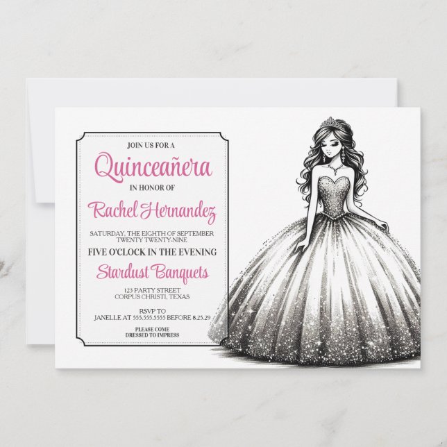 Black & White Quinceañera Girl Einladung (Vorderseite)