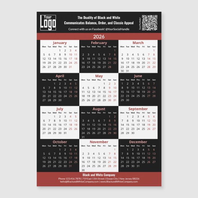Black, White, Red Your Logo 2026 Calendar Magnet (Vorderseite)