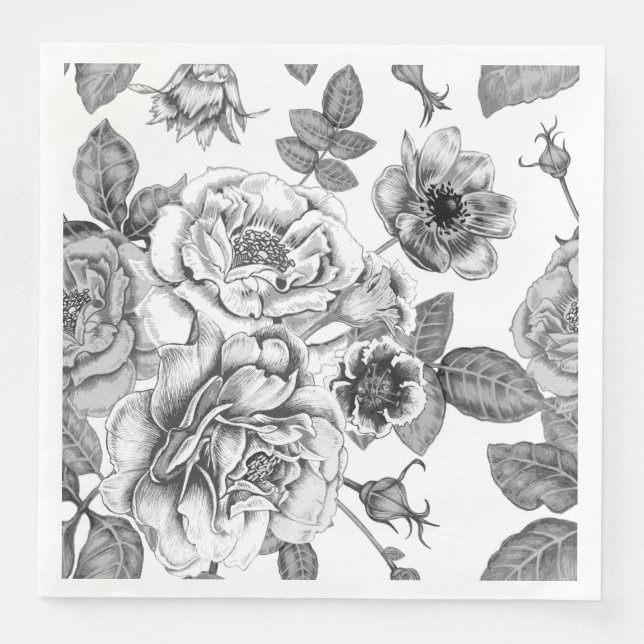Black & White Rose Musterpapier Napkin Serviette (Vorderseite)