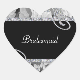 Black & White Roses & Diamond Wirbel Hochzeit Herz-Aufkleber