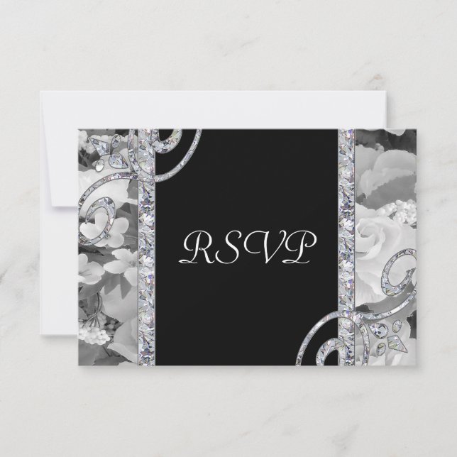 Black & White Roses & Diamond Wirbel Hochzeit RSVP Karte (Vorderseite)