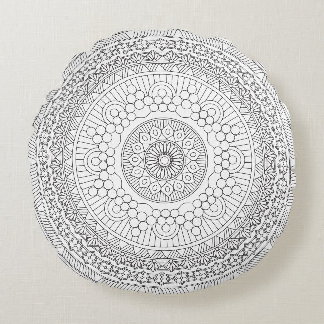 Black & White Round Mandala v3 Rundes Kissen (Vorderseite)