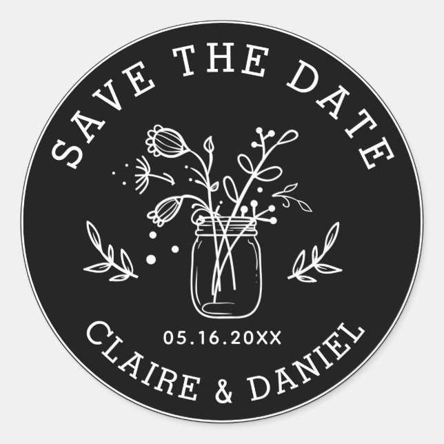 Black & White Save the Date Mason Jar Blume Runder Aufkleber (Vorderseite)