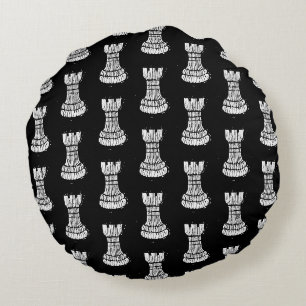 Black & White Schach Figures Linocut Rook Rundes Kissen