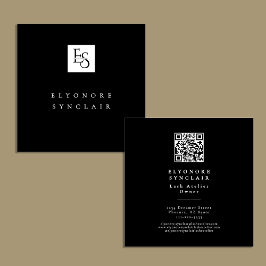 Black White Script Lashes Studio Logo QR Code  Quadratische Visitenkarte