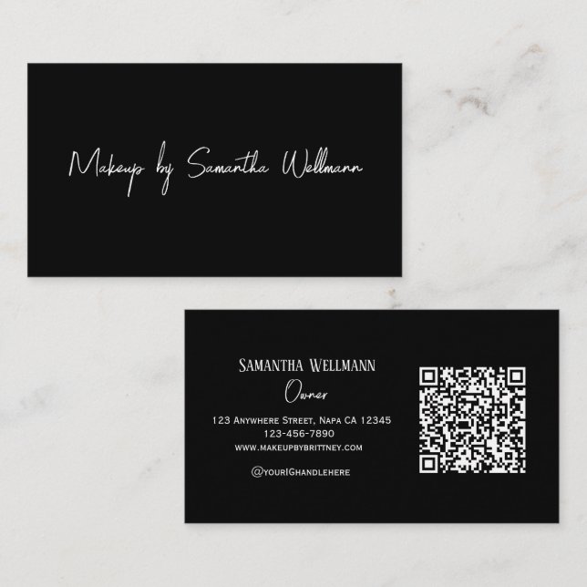 Black White Script QR Code Makeup Business Card Visitenkarte (Vorne/Hinten)