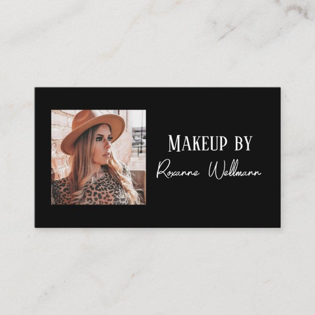 Black White Script QR Code Photo Business Card Visitenkarte (Vorderseite)