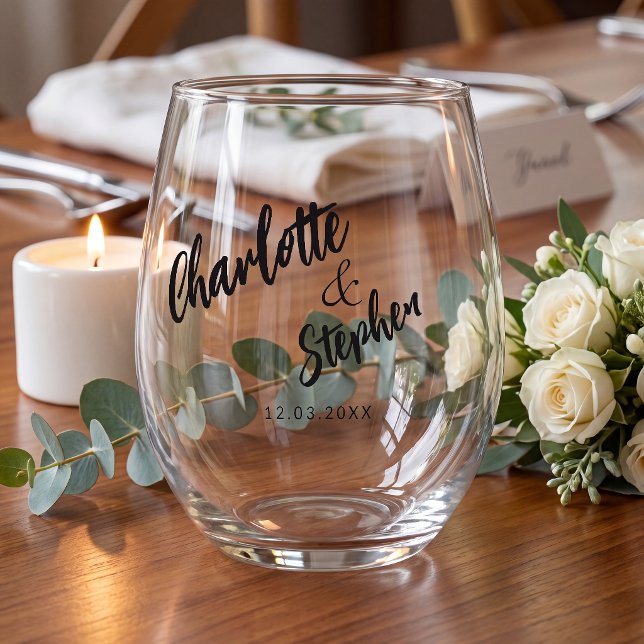  Black white  script wedding custom  Weinglas Ohne Stiel (Von Creator hochgeladen)