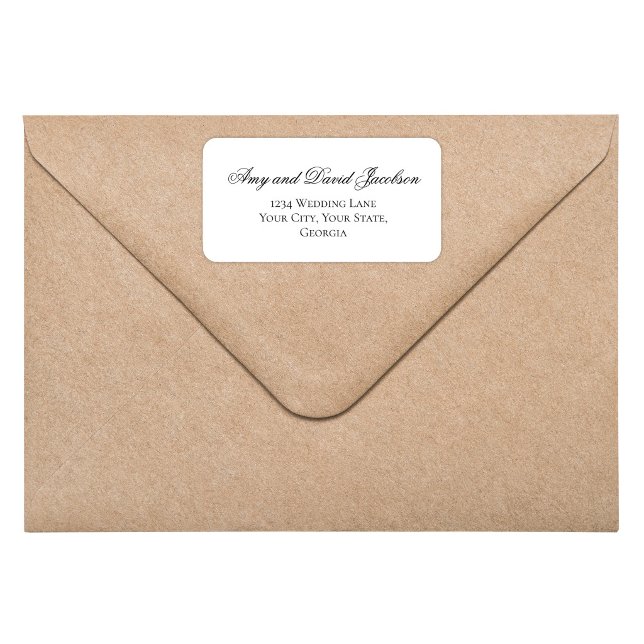 Black White Script Wedding Return Address Adressaufkleber (Black and white script return address label on envelope, elegant minimalist wedding style)