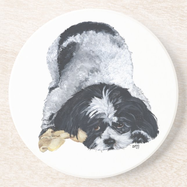 Black & White Shih Tzu auf Sandstone Untersetzer (Vorne)