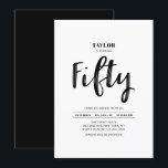 Black & White Simple 50. Geburtstagsparty Einladung<br><div class="desc">Feiern Sie Ihren besonderen Tag mit dieser stilvollen 50. Geburtstagsfeier. Dieses Design verfügt über ein schicke Pinselskript "Fifty" mit einem sauberen Layout in Schwarz-Weiß-Farbkombination. Mehr Einladungen und Party gibt es in meinem Shop BaraBomDesign.</div>