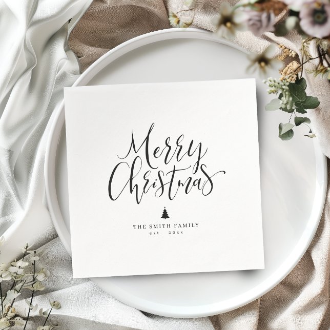 Black & White Simple Calligraphy Merry Christmas Serviette (Black & White Simple Calligraphy Merry Christmas Napkins)