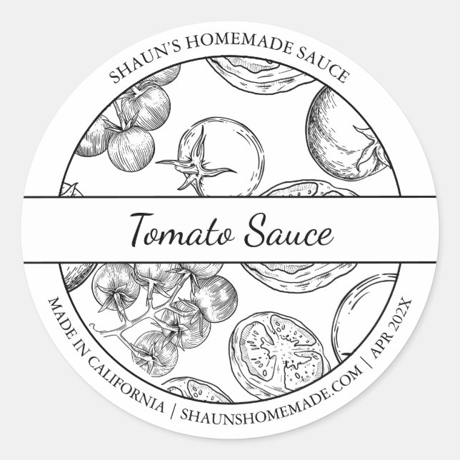 Black & White Sketch Tomato Sauce Label Runder Aufkleber (Vorderseite)