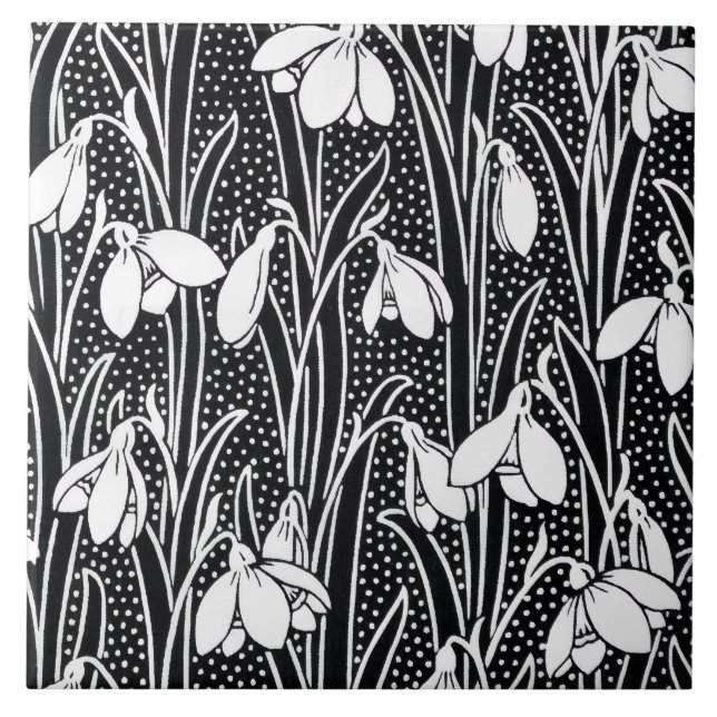 Black & White Snowdrop Pattern  Fliese (Vorderseite)