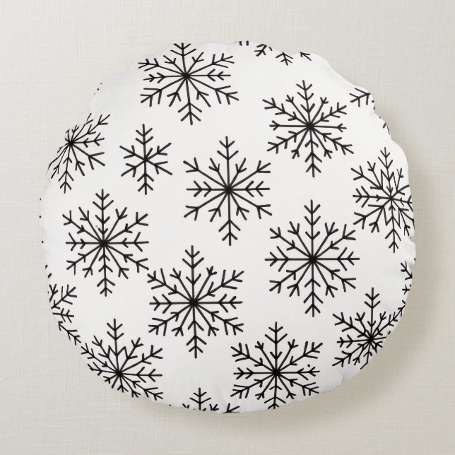 Black & White Snowflake Throw Pillow – Minimalist  Rundes Kissen (Vorderseite)