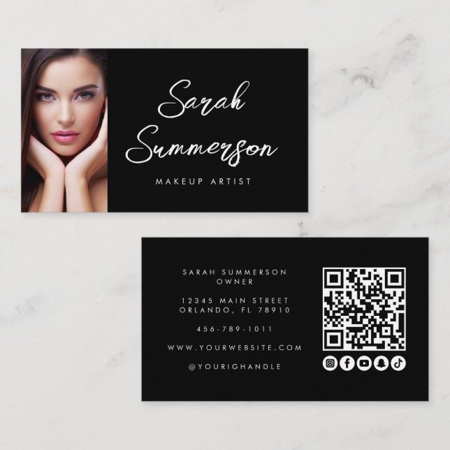 Black White Social Media QR Photo Makeup Visitenkarte (Vorne/Hinten)