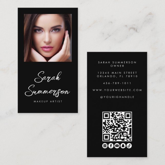Black White Social Media QR Photo Makeup Visitenkarte (Vorne/Hinten)