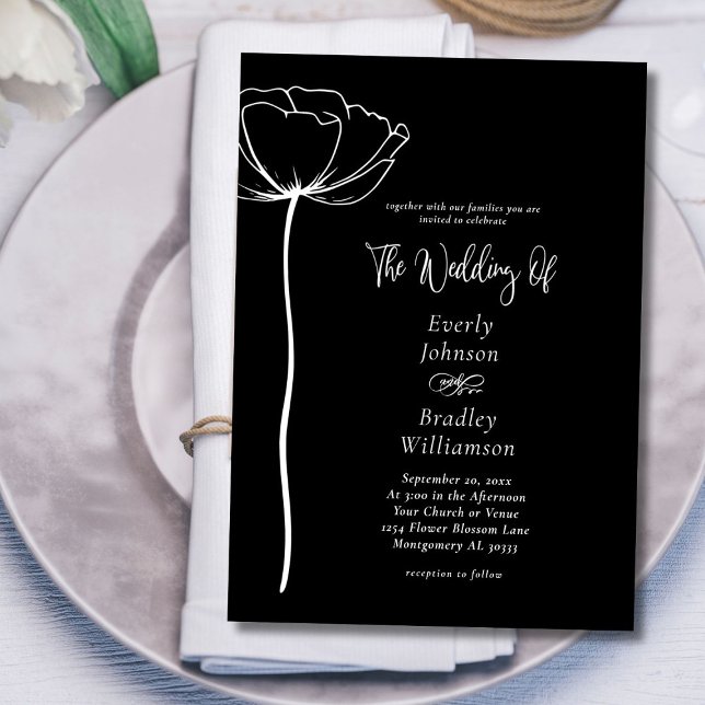 Black White Sophistict Elegant Floral Wedding Einladung (Von Creator hochgeladen)