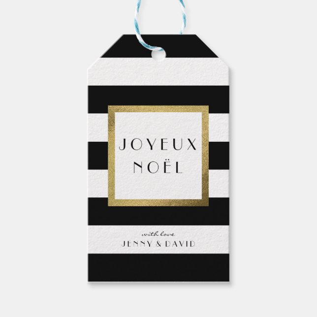 Black & White Strip "Joyeux Noël" Weihnachten Geschenkanhänger (Vorderseite)