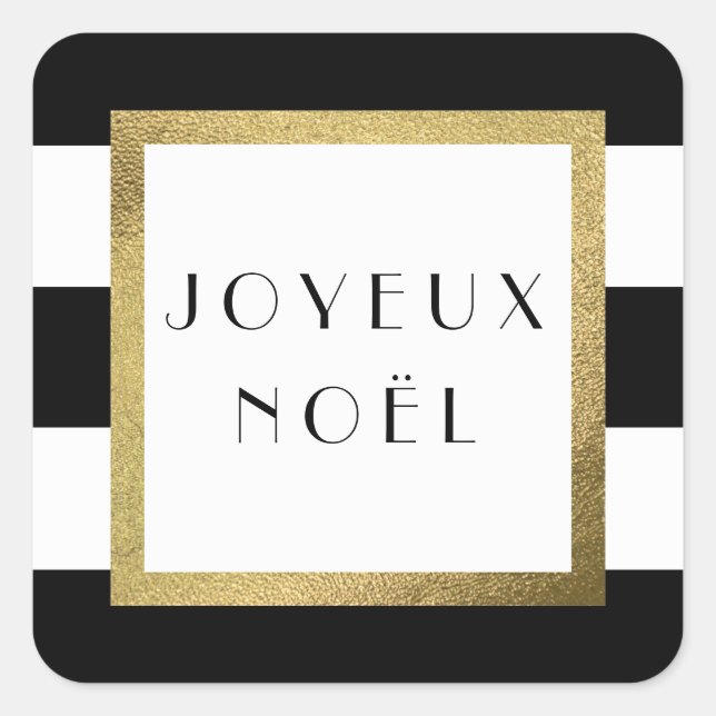 Black & White Strip "Joyeux Noël" Weihnachten Quadratischer Aufkleber (Vorderseite)