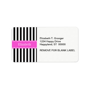 Black White Stripe Hot Pink Ribbon Name Monogram Adressaufkleber