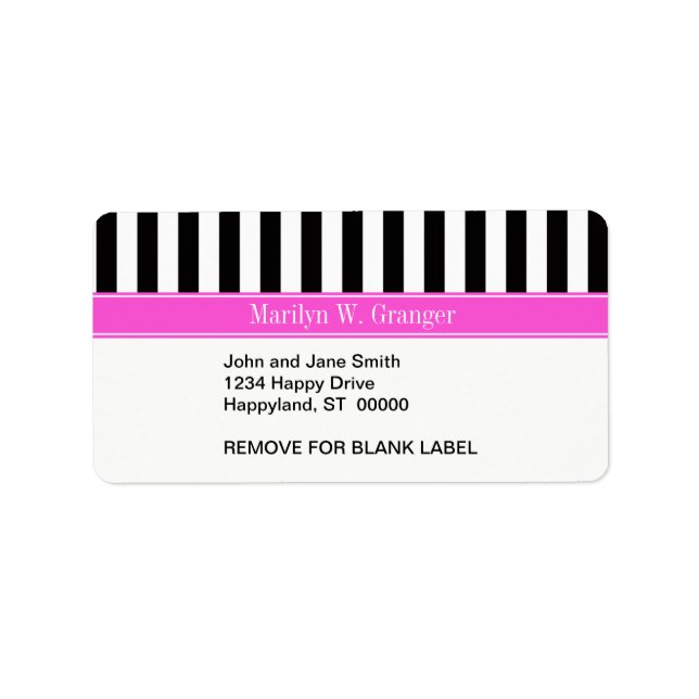 Black White Stripe Hot Pink Ribbon Name Monogram Adressaufkleber (Vorne)