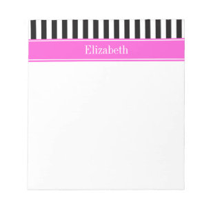 Black White Stripe Hot Pink Ribbon Name Monogram Notizblock
