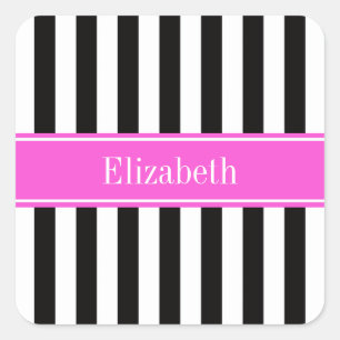 Black White Stripe Hot Pink Ribbon Name Monogram Quadratischer Aufkleber