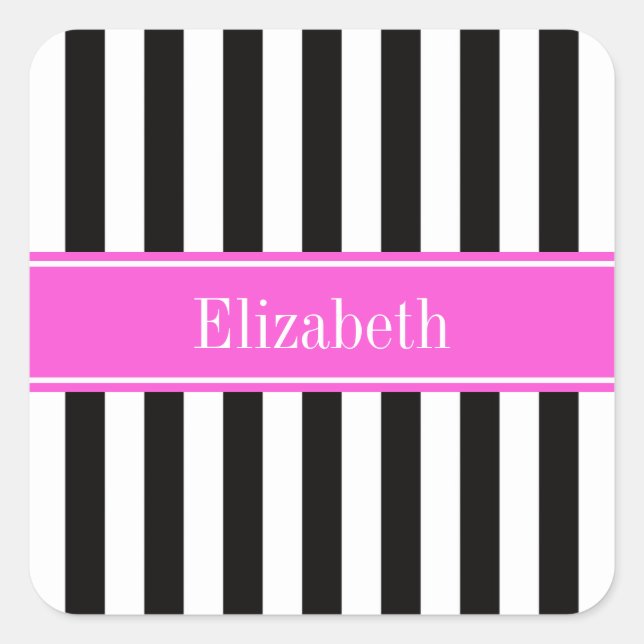 Black White Stripe Hot Pink Ribbon Name Monogram Quadratischer Aufkleber (Vorderseite)