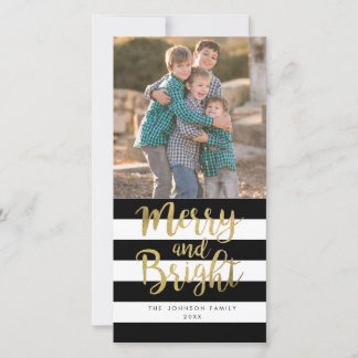Black & White Stripe "Merry & Bright" Xmas Photo Feiertagskarte