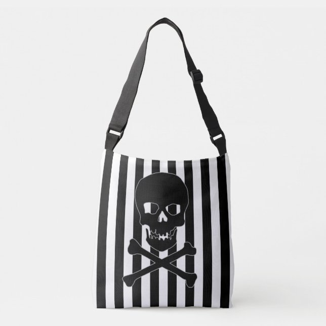 Black & White Striped Skull Bag Tragetaschen Mit Langen Trägern (Vorderseite)