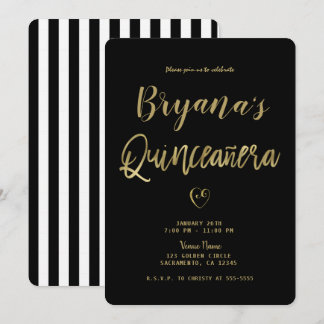 Black & White Stripes Gold Chic 15 Quinceañera Einladung