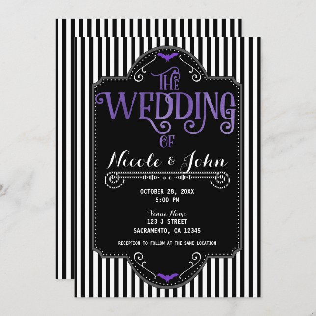 Black White Stripes Purple Gothic Bat Wedding Einladung (Vorne/Hinten)