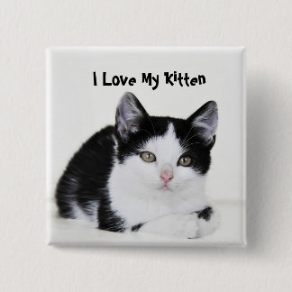 Black White Thoughtful Kitten Button