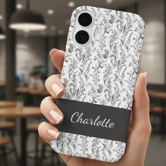 Black White Toile Floral Custom Name Case-Mate iPhone Hülle (black and white minimalist toile pattern iphone case with custom name for gift for her)