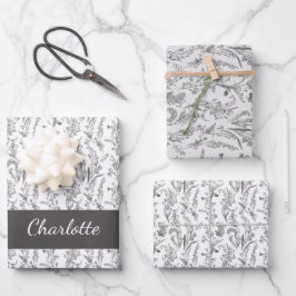 Black White Toile Floral Custom Name Geschenkpapier Set