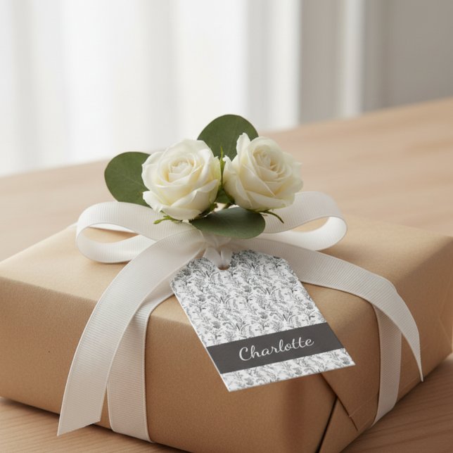 Black White Toile Floral Custom Name Monogram Gift Geschenkanhänger (elegant black and white toile floral personalized custom name monogram gift tags)