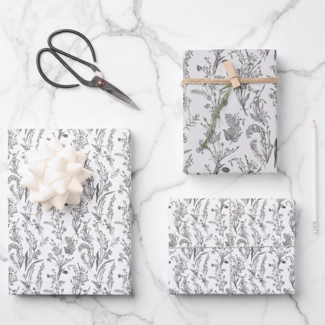 Black White Toile Floral Elegant Geschenkpapier Set (Vorderseite)