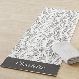Black White Toile Floral Pattern Custom Name Yogamatte