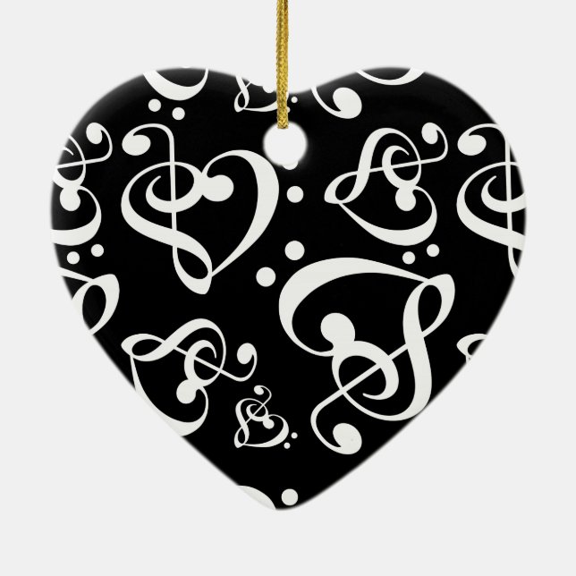 Black White Treble Bass Clef Herzensmusik Weihnach Keramik Ornament (Hinten)
