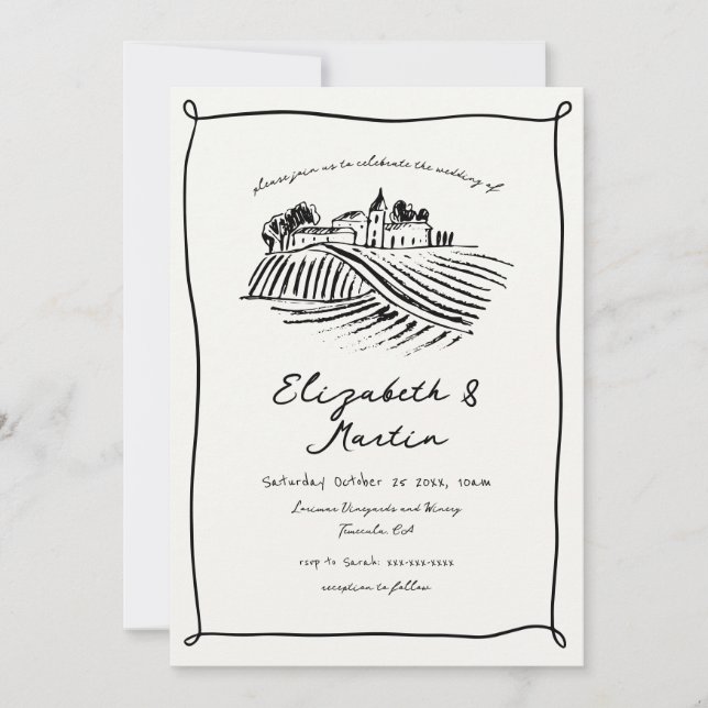 Black & White Trendy Hand Drawn Weinberg Hochzeit Einladung (Vorderseite)